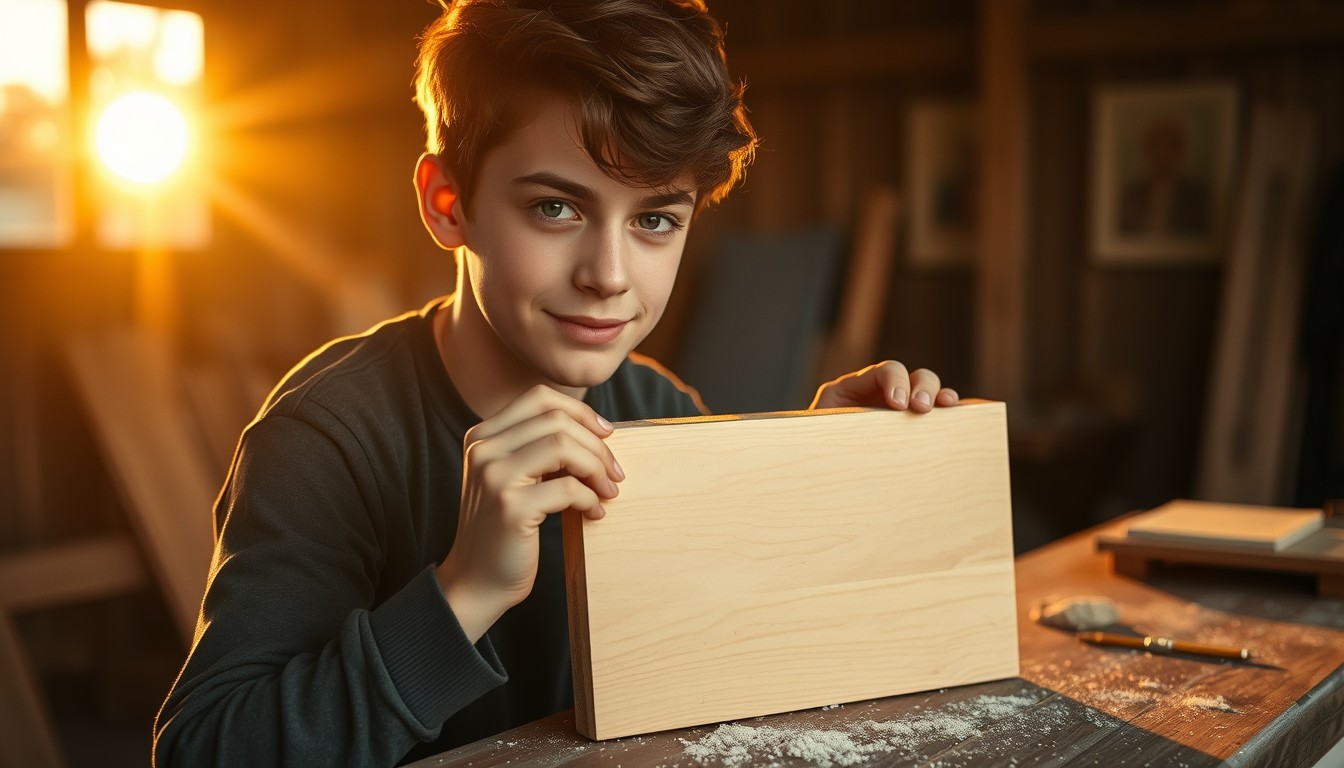 A young person finishing a small wooden shelf at a bench at golden hour